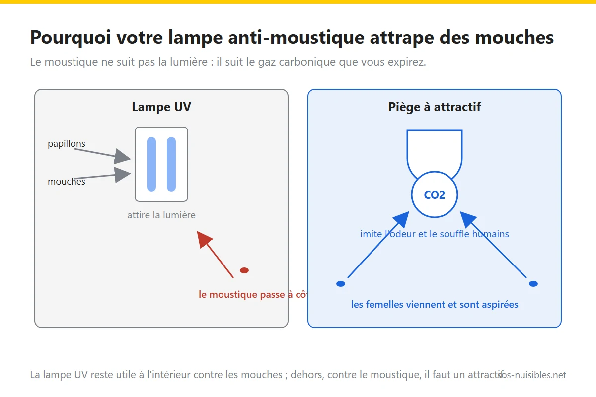 Schéma : la lampe UV attire les papillons quand le moustique suit le CO2