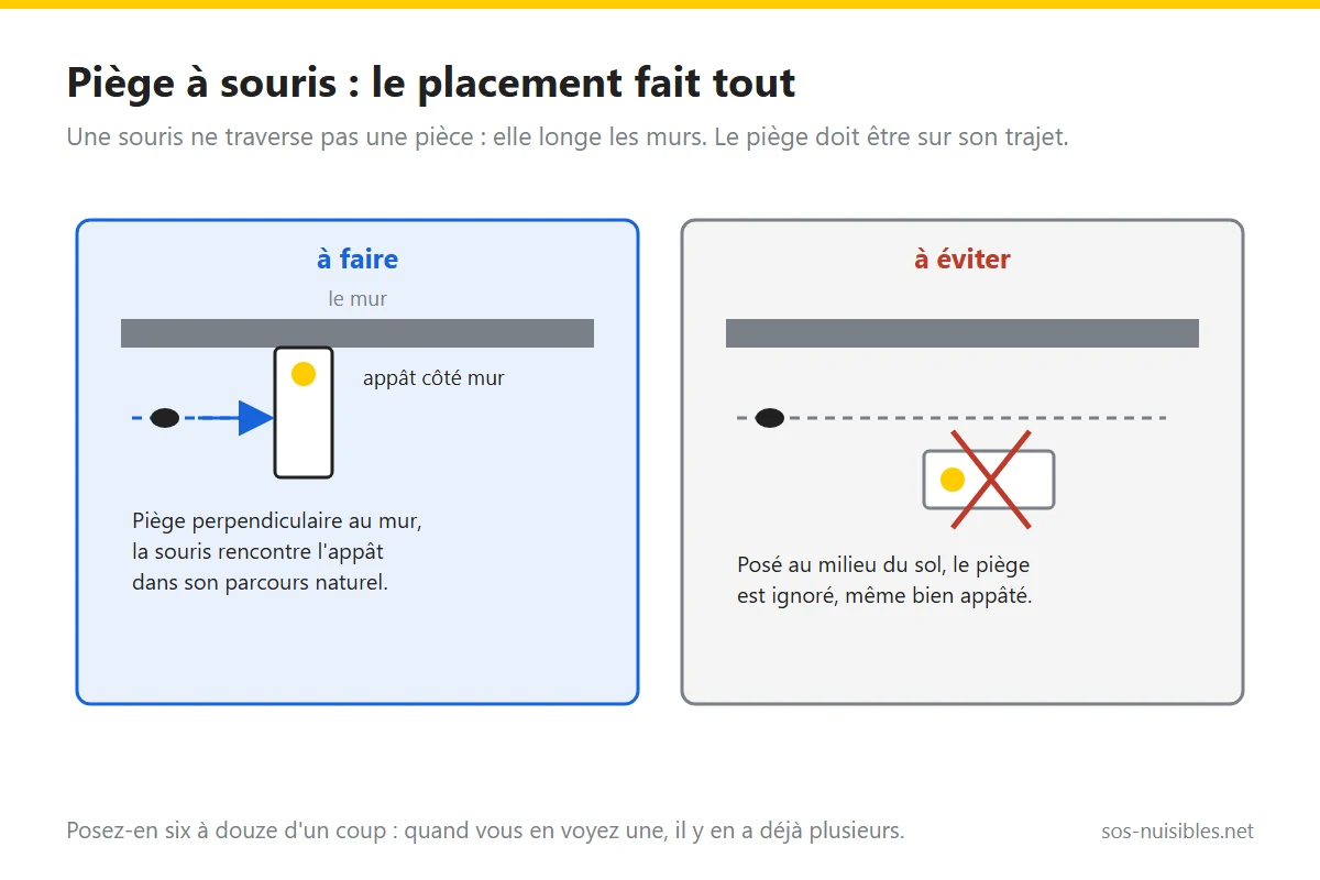 Schéma : piège à souris perpendiculaire au mur, appât côté plinthe