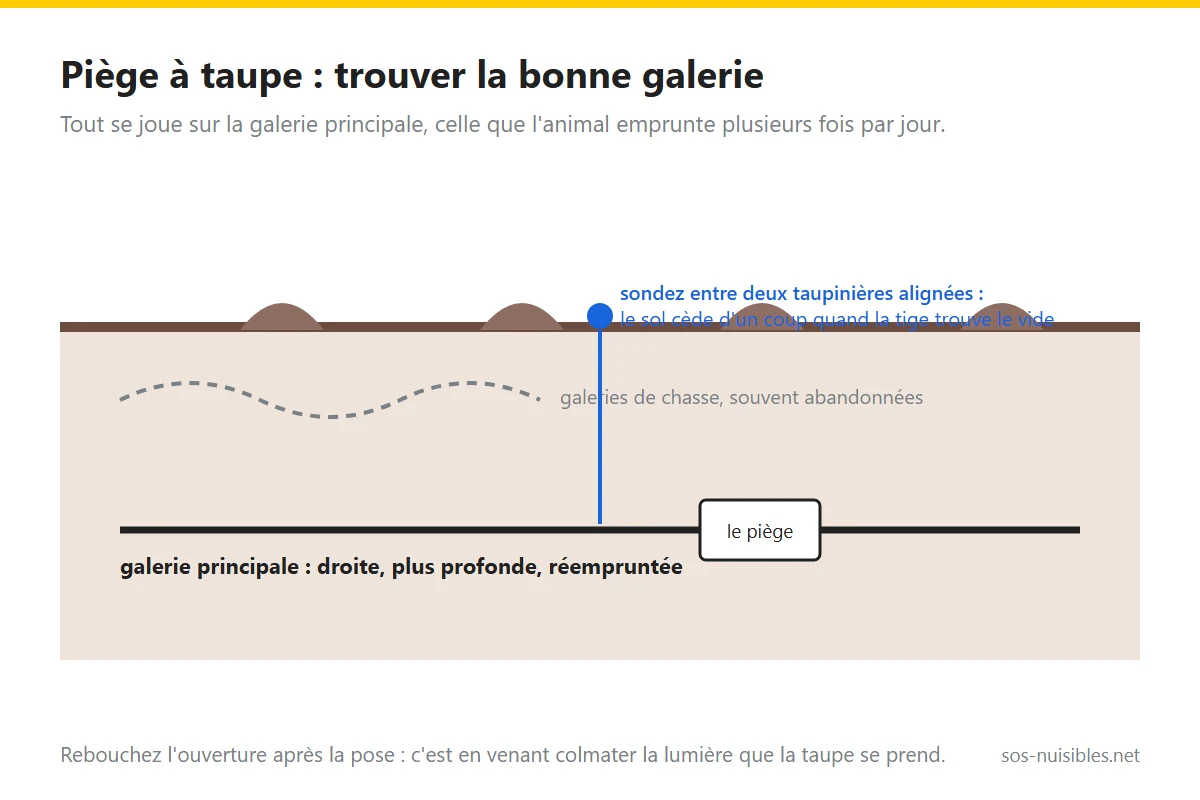 Schéma : galeries de surface et galerie principale d'une taupe en coupe