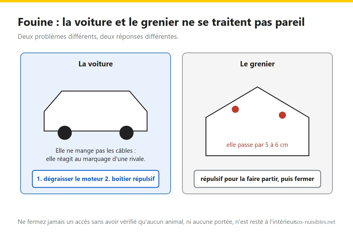 Schéma : traiter une fouine dans une voiture et dans un grenier