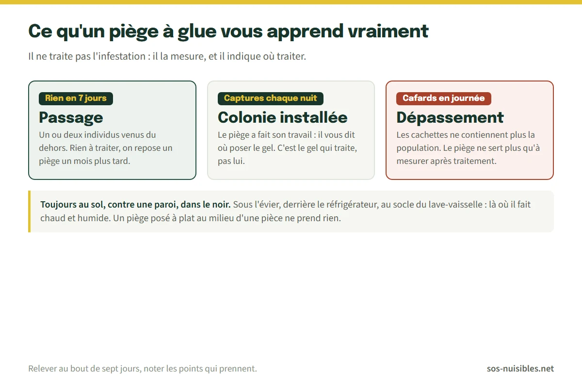 Schéma : ce qu'un piège à glue révèle selon le nombre de captures